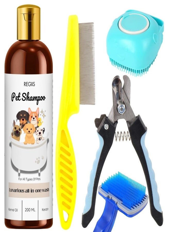 مجموعة ريجيس للعناية بالحيوانات الأليفة، مجموعة شامبو للكلاب مكونة من 5 قطع مع مقص أظافر، مشط، فرشاة سيليكون، فرشاة تنظيف زرقاء، غسول شامل 200 مل مع زيت نواة الدجاج والكيراتين (عبوة من 5 قطع) - Image 1